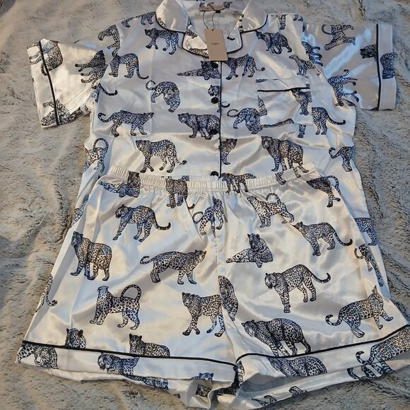 Night Women,s White  Black Leopard Print Pajama Set  UK SZ 12 / US SZ 8 - Picture 4 of 11